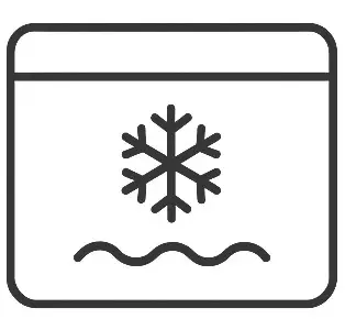 Symbol für Heizung/Kühlung mit Schneeflocke und Wellenlinie in einem Rechteck.