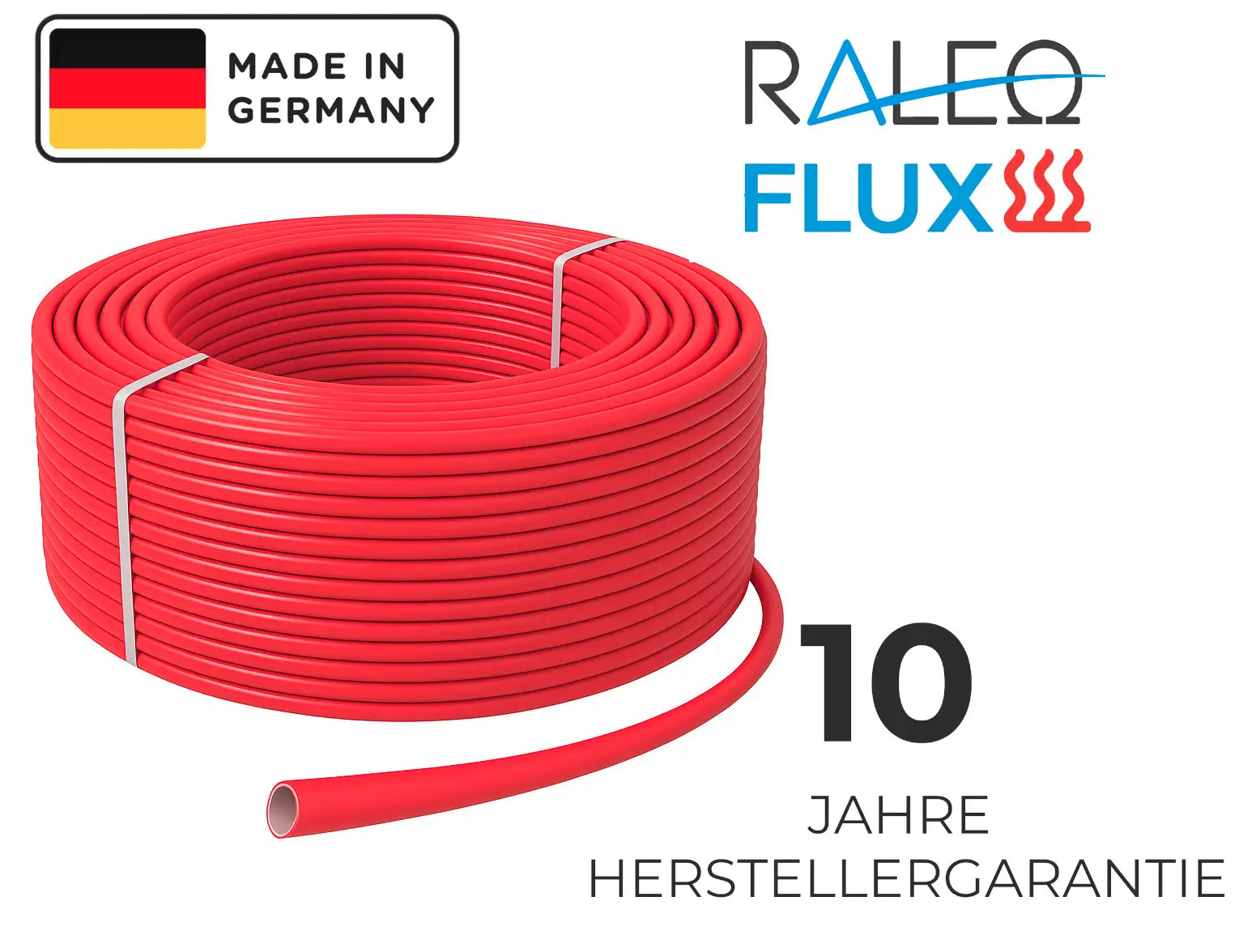 Rolle rotes PE-RT Heizrohr 15 x 1,5 mm mit "Made in Germany" Siegel und 10 Jahre Herstellergarantie.