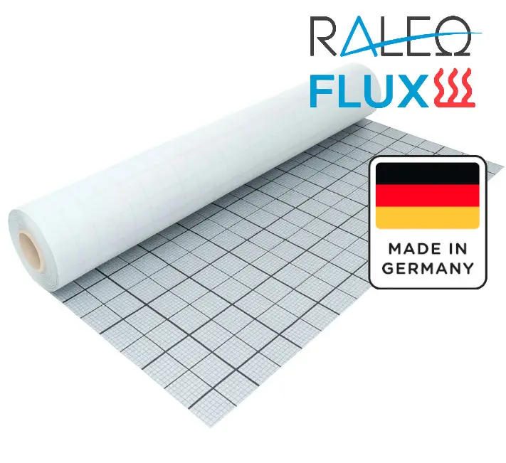 Rasterfolie, 103 m² Rolle, mit Verlegeraster, "Made in Germany" Logo, Raleo Flux Logo.