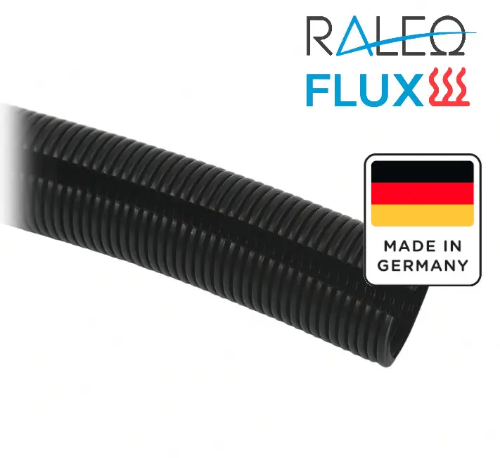 Schwarzes, geschlitztes PE-Fugenschutzrohr (Wellrohr) der Marke Raleo Flux, hergestellt in Deutschland.