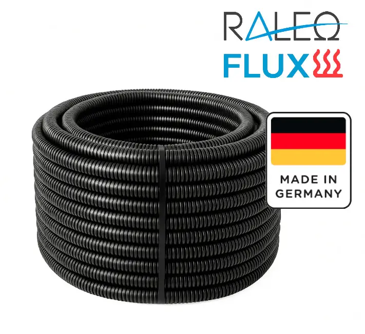 Schwarzes, geschlitztes PE-Fugenschutzrohr (23 mm) von Raleo Flux, aufgerollt als 50-Meter-Rolle, Hinweis "Made in Germany".