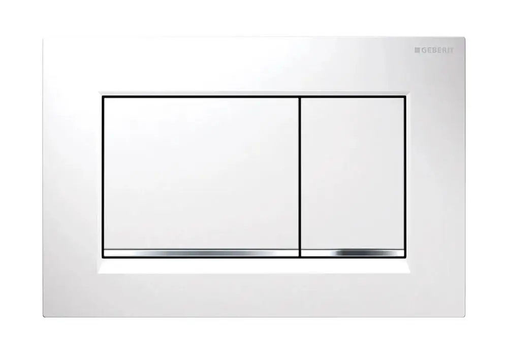 Weiße Geberit Sigma 20 Drückerplatte für WC-Spülung mit zwei Tasten und Chromakzenten.