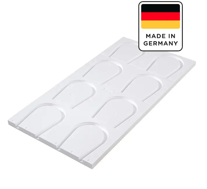Produktbild der Umlenkplatte für Trockenbauelement mit Verlegeabstand 12,5 cm, EPS 035 DEO dh, 1.000 x 500 x 30 mm. "Made in Germany"-Logo.