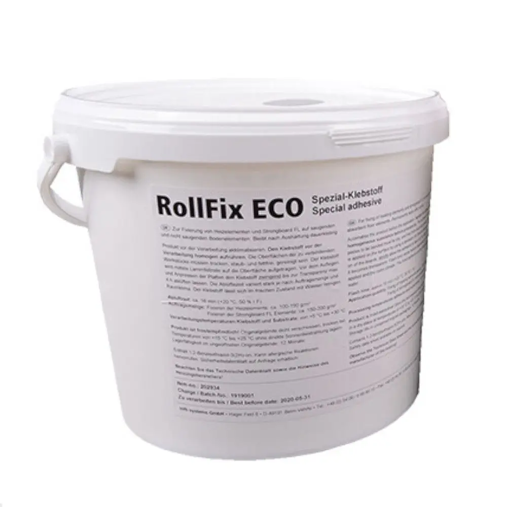 Ein weißer Eimer Rollfix ECO Spezialkleber.
