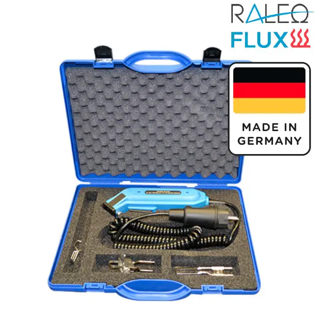 Blauer Werkzeugkoffer mit Heißschneidegerät und Zubehör, Made in Germany