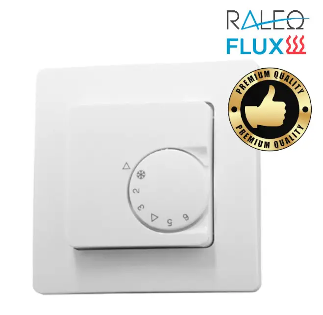 Raumregelthermostat für Unterputzmontage, quadratisch, weiß, mit Drehregler und Qualitätslogo