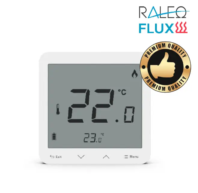 Digitales Funkthermostat Plus MC10000267 mit Feuchtemessung und Bodensensor zeigt 22.0°C und 23.0°C an. Oben rechts Logo RALEQ FLUX und Premium Qualitätssiegel.