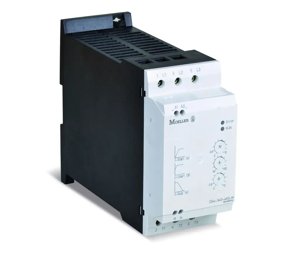 Elektronischer Sanftanlauf DS4-340-4K0-M von Moeller. 
Auf der Frontplatte sind Einstellknöpfe und LEDs.
Anschlüsse für L1, L2, L3, A1, A2, T1, T2 und T3.