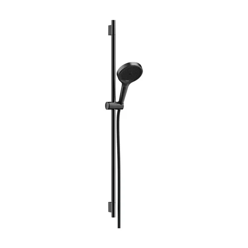 hansgrohe Rainfinity Brauseset 130 3jet EcoSmart mit Brausestange S Puro 90 cm, Push-Handbrausehalterung und Designflex Textilbrauseschlauch 160 cm Brushed Black Chrome