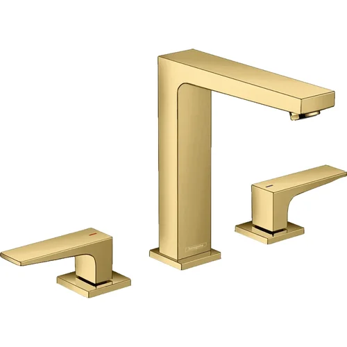 hansgrohe Metropol 3-Loch Waschtischarmatur 160 mit Hebelgriffen und Push-Open Ablaufgarnitur Polished Gold Optic