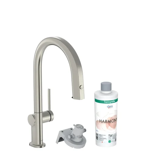 hansgrohe Aqittura M91 FilterSystem 210, Ausziehauslauf, 1jet, sBox, Starter Set Edelstahl Finish
