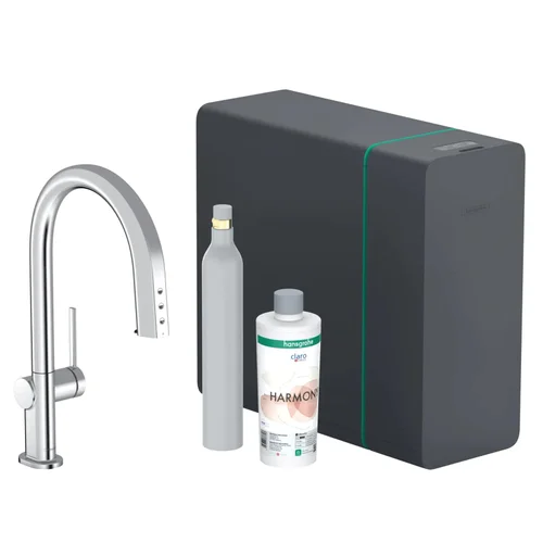 hansgrohe Aqittura M91 SodaSystem 210, Ausziehauslauf, 1jet, sBox, Starter Set Chrom