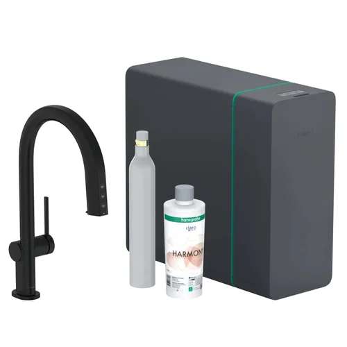 hansgrohe Aqittura M91 SodaSystem 210, Ausziehauslauf, 1jet, sBox, Starter Set Mattschwarz