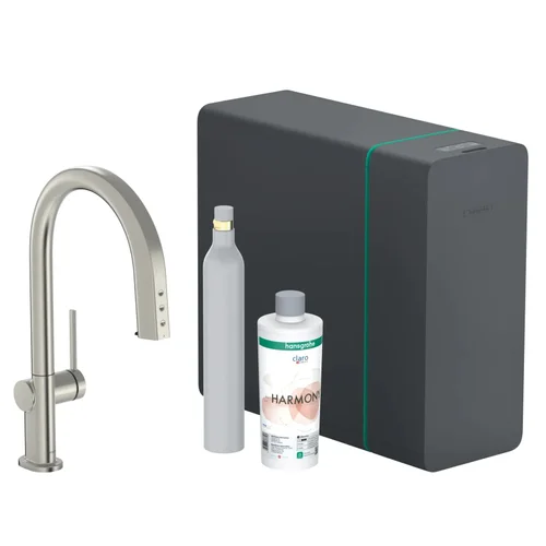 hansgrohe Aqittura M91 SodaSystem 210, Ausziehauslauf, 1jet, sBox lite, Starter Set Edelstahl Finish