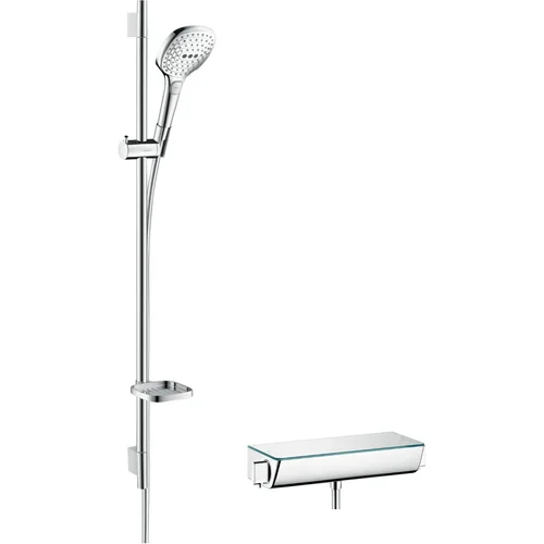 hansgrohe Raindance Select E Brausesystem Aufputz 120 3jet mit Ecostat Select Thermostat und Brausestange 90 cm Weiß/Chrom