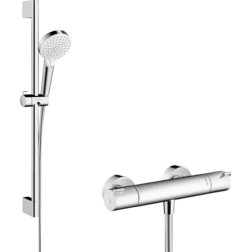 hansgrohe Crometta Brausesystem Aufputz Vario mit Ecostat 1001 CL Thermostat und Brausestange 65 cm Weiß/Chrom
