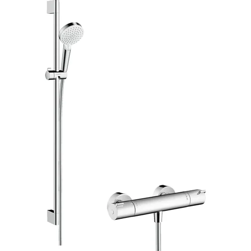 hansgrohe Crometta Brausesystem Aufputz Vario mit Ecostat 1001 CL Thermostat und Brausestange 90 cm Weiß/Chrom