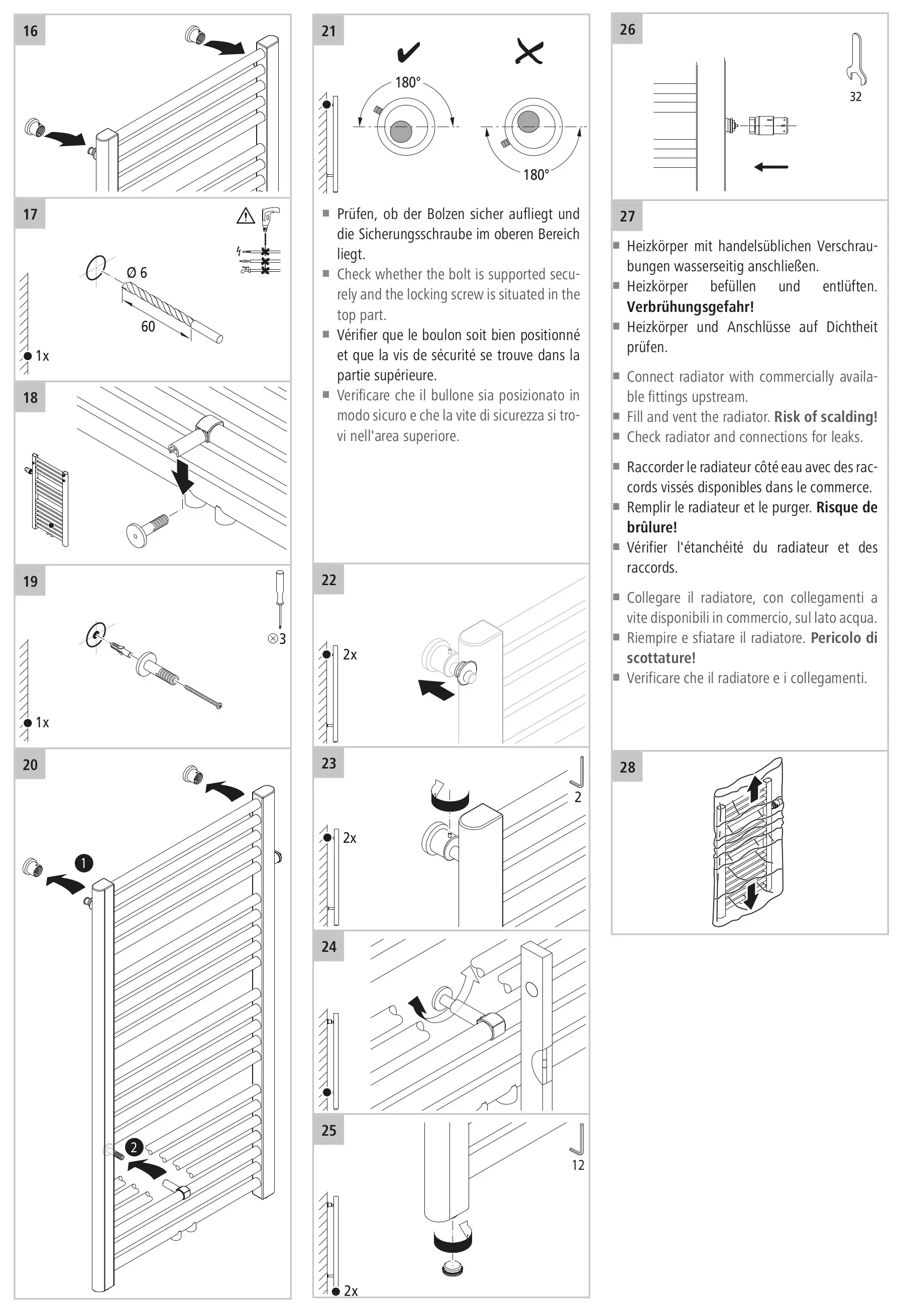 Montageanleitung für einen Kermi Badheizkörper. Schrittweise Illustrationen zeigen die Installation an der Wand, inklusive Schrauben und Anschlüssen. Mehrsprachige Anweisungen.