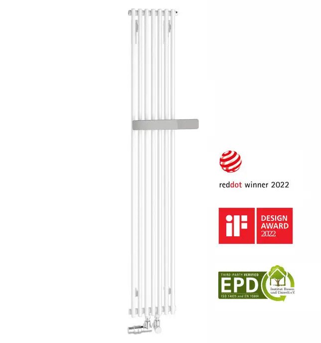 Weißer Kermi Pio plus Bad- und Wohnheizkörper mit Handtuchbügel, ausgezeichnet mit Reddot und iF Design Awards 2022, EPD-zertifiziert.
