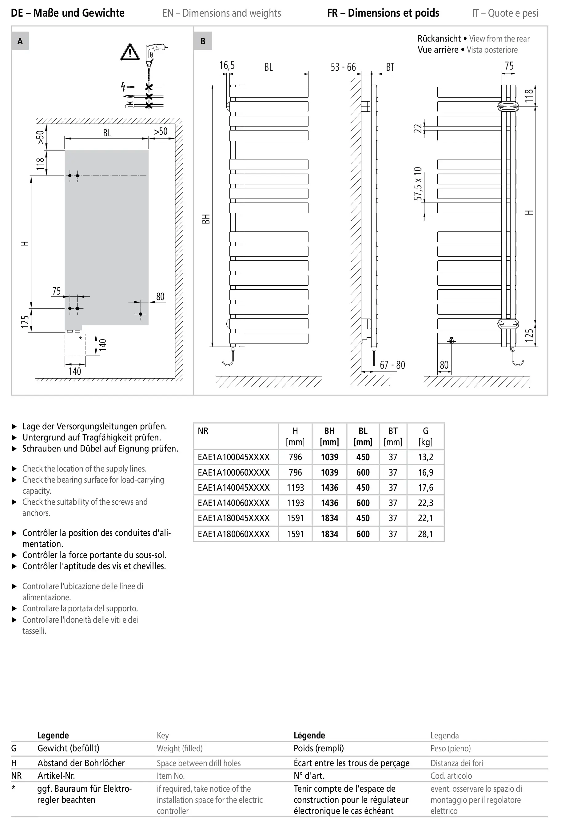 Technische Zeichnung eines Kermi Credo Half flat Elektroheizkörpers (1834x600mm), Details zu Maßen und Anbringung.