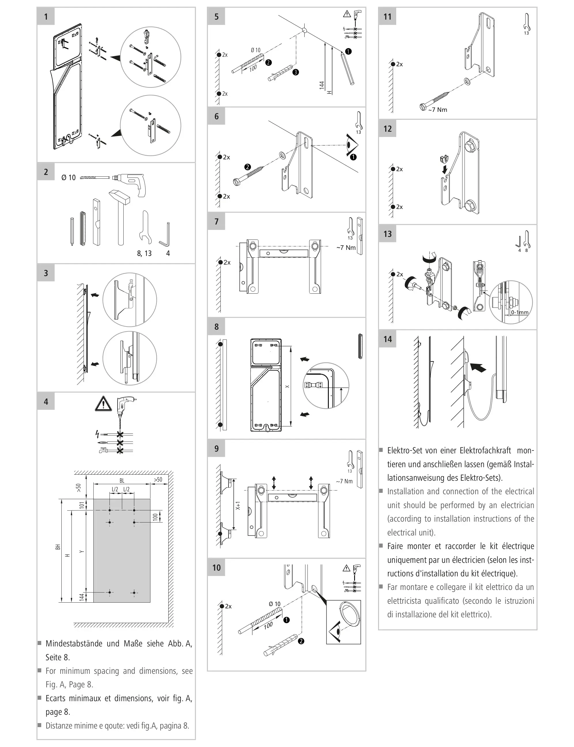 Installationsanleitung für Kermi Ineo-E Heizkörper mit Elektroset. Schematische Darstellungen der Montageschritte, Werkzeuge und Abmessungen. Warnhinweis zur Elektroinstallation durch Fachkraft.