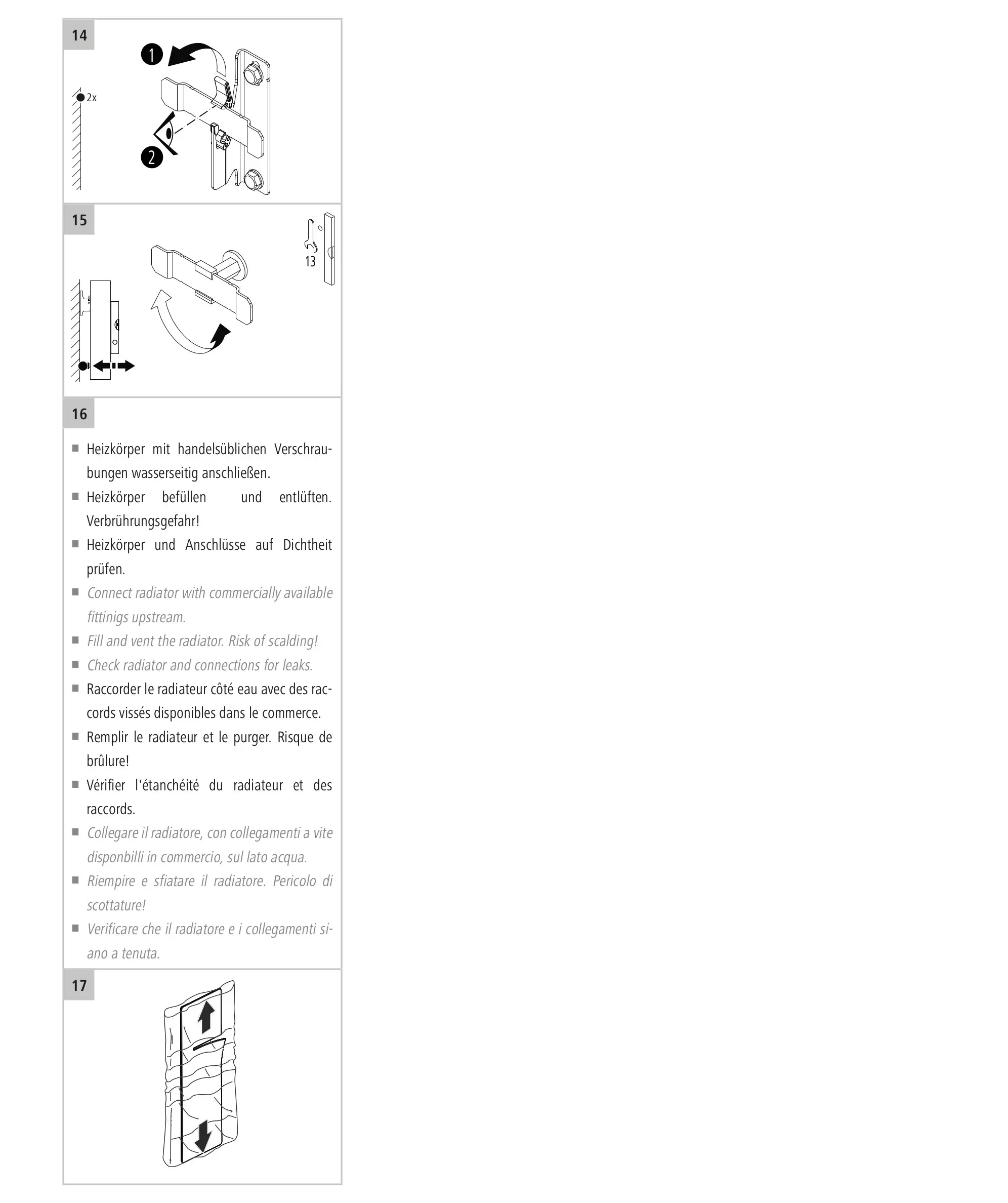 Installationsanleitung für einen Kermi Bad- und Wohnheizkörper Ineo. Illustrationen zeigen die Montage des Heizkörpers. Schrittweise Anweisungen in Deutsch, Englisch, Französisch und Italienisch.