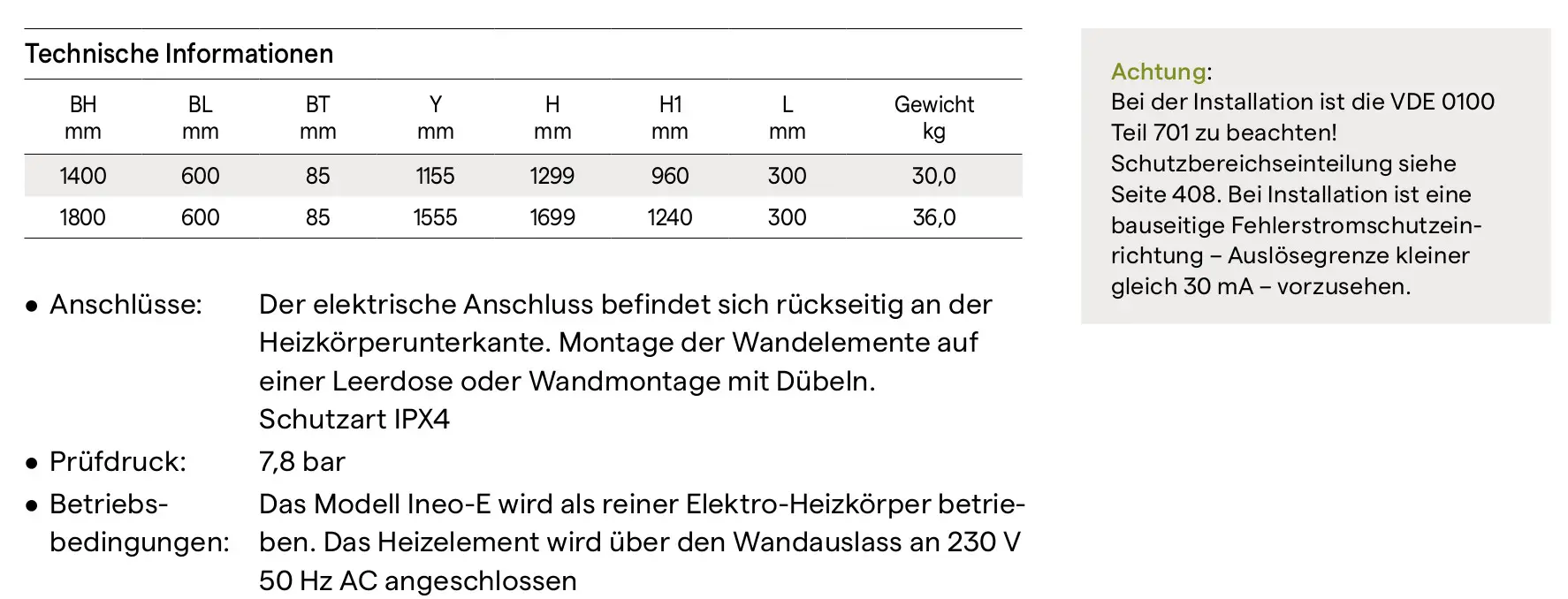 Tabelle mit technischen Informationen und Hinweisen zum Kermi Bad- und Wohnheizkörper Ineo-E, 1800x600x85 mm.