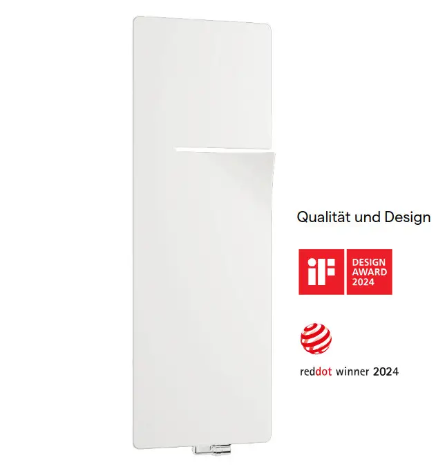 Kermi Bad- und Wohnheizkörper Ineo in Strukturweiß, ausgezeichnet mit iF Design Award 2024 und reddot winner 2024.