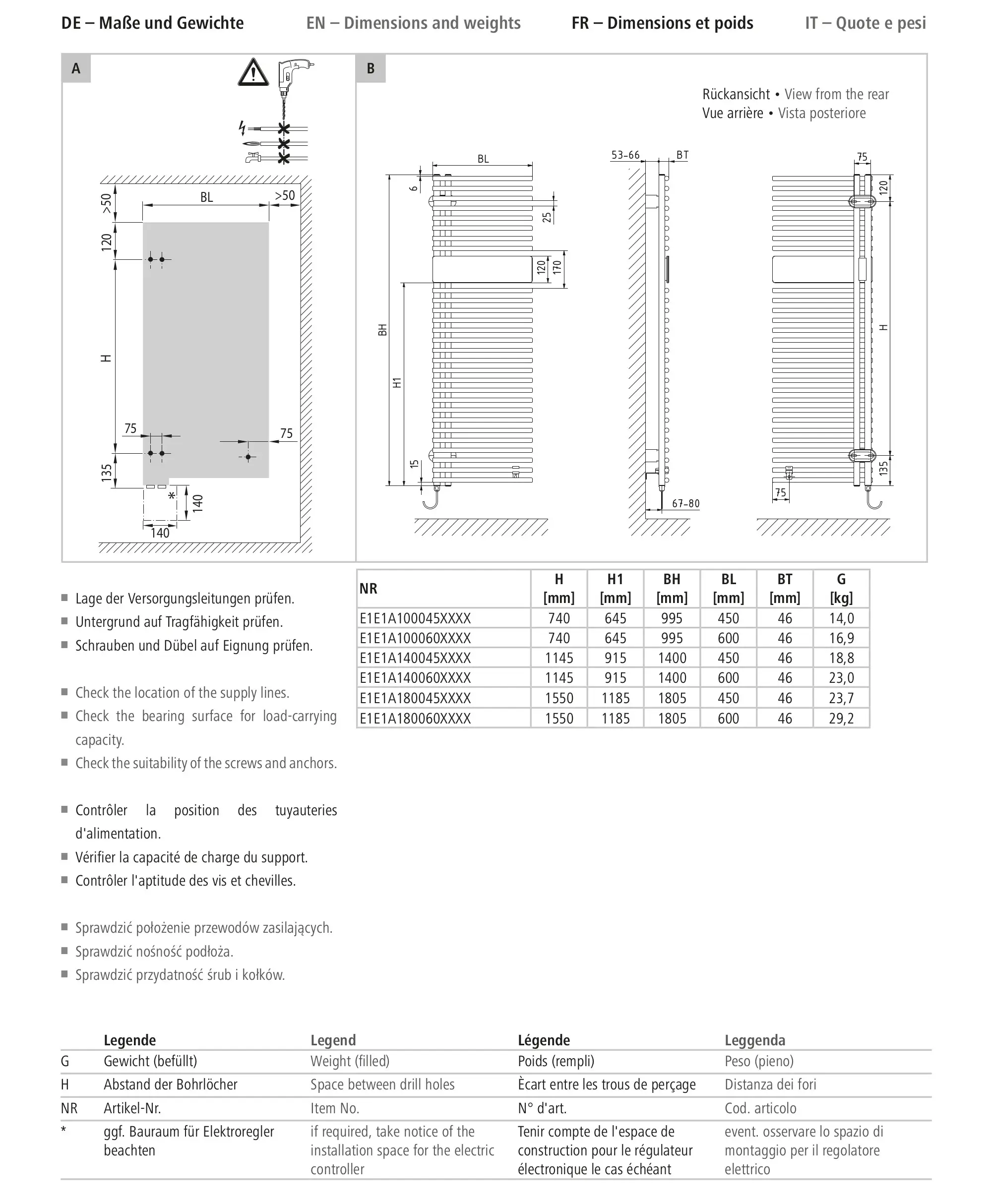 Technische Zeichnung eines Kermi Credo Half round Elektroheizkörpers, Abmessungen und Gewicht, Seitenansicht, Rückansicht, Tabelle mit Artikelnummern und Maßen.