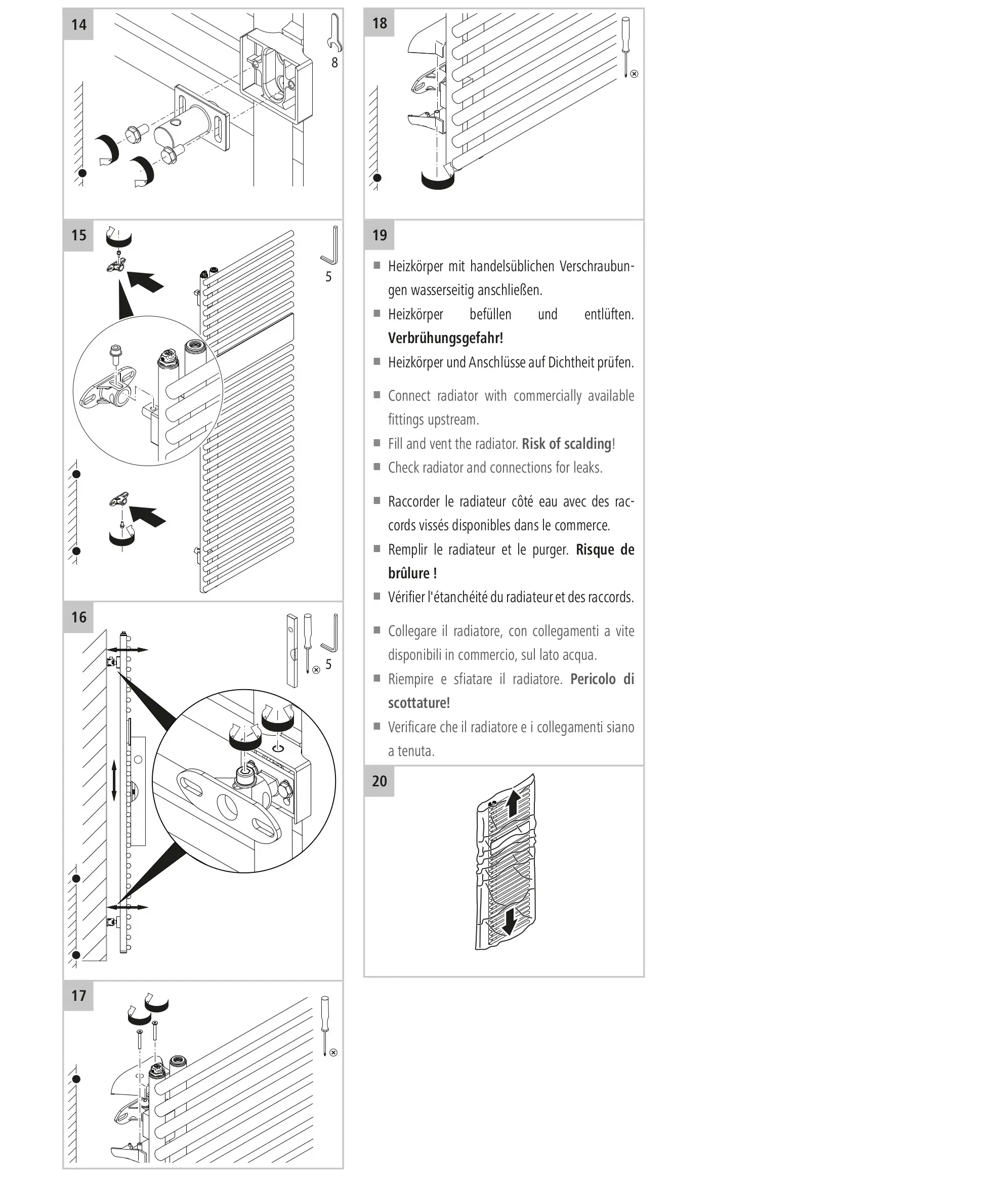 Installationsanleitung für einen Heizkörper, mit schematischen Darstellungen der einzelnen Montageschritte und Sicherheitshinweisen in mehreren Sprachen.
