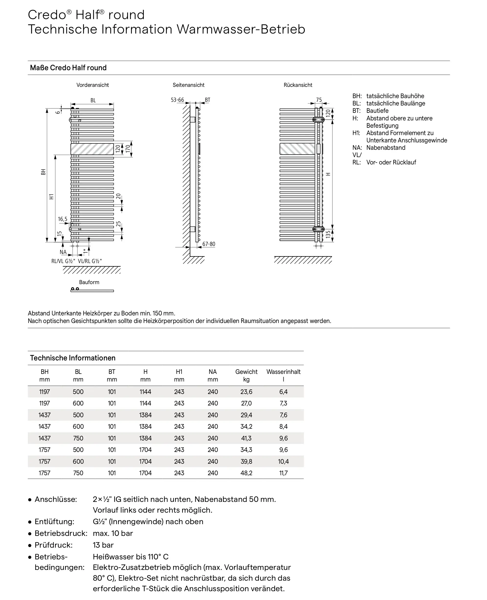 Technische Zeichnung und Tabelle eines Credo Half round Heizkörpers mit Maßangaben und technischen Informationen.
