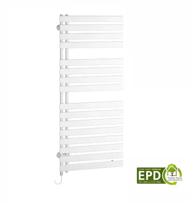 Weißer Kermi Credo Half flat Elektroheizkörper, 1834 mm hoch und 600 mm breit, mit 800 Watt Leistung und rechter Ausführung, neben dem EPD-Logo für Umweltproduktdeklaration.