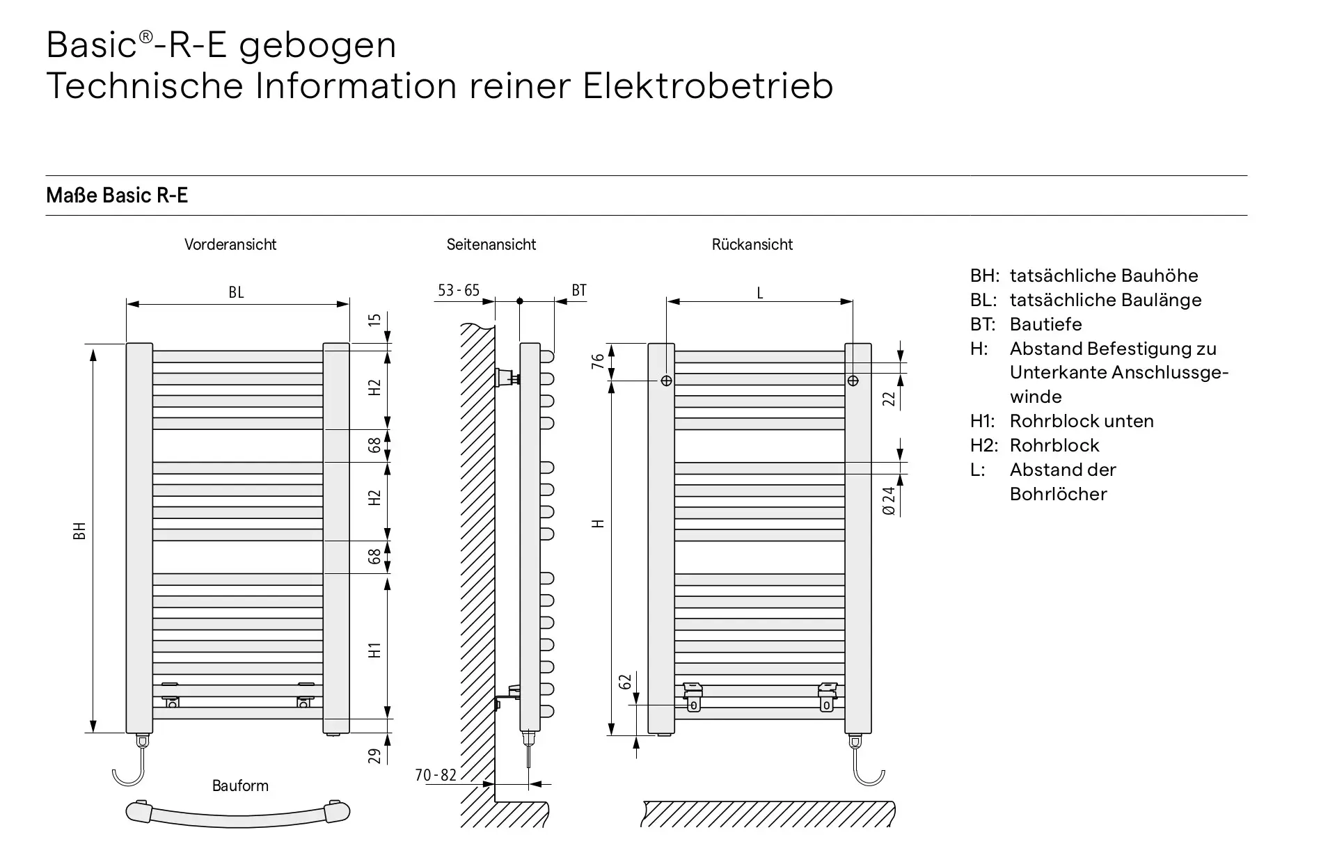 Technische Zeichnung eines Kermi Badheizkörpers Basic R-E mit Maßangaben. Verschiedene Ansichten mit Hinweisen zu Bauhöhe, Baulänge und Bautiefe.
