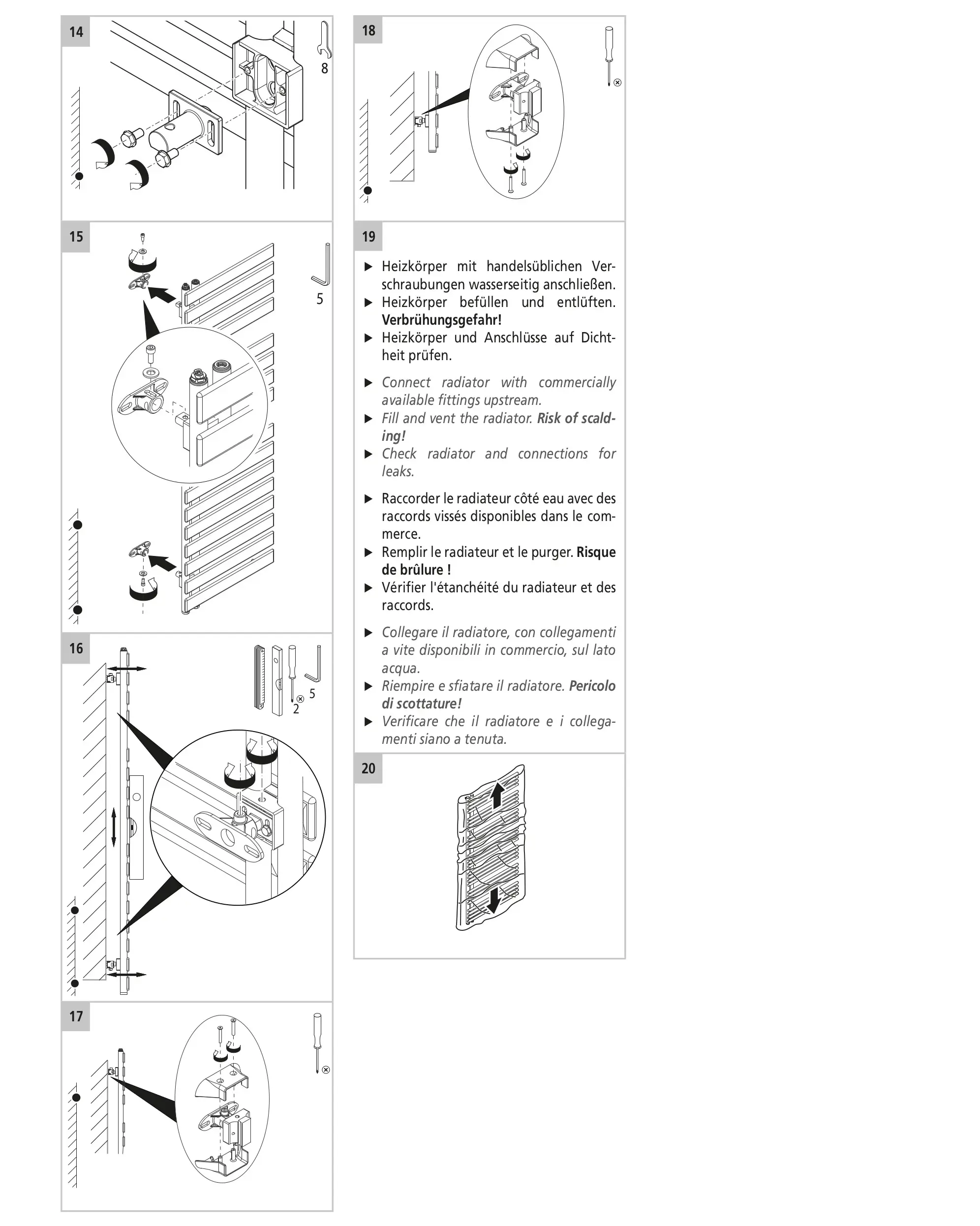 Montageanleitung für einen Kermi Bad- und Wohnheizkörper Credo Half flat, der die verschiedenen Schritte der Installation zeigt.