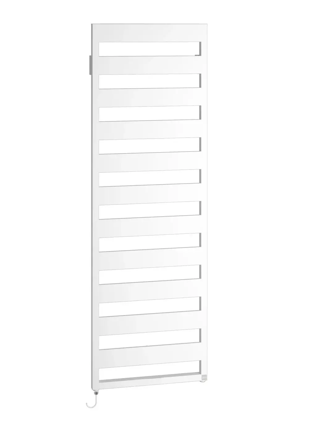 Weißer Kermi Elektro-Designheizkörper Casteo-E (986x600x30 mm) mit horizontalen Heizstreben, Ausführung rechts, WWS-Regler, 600 Watt, Schutzklasse 1, ohne Stecker.