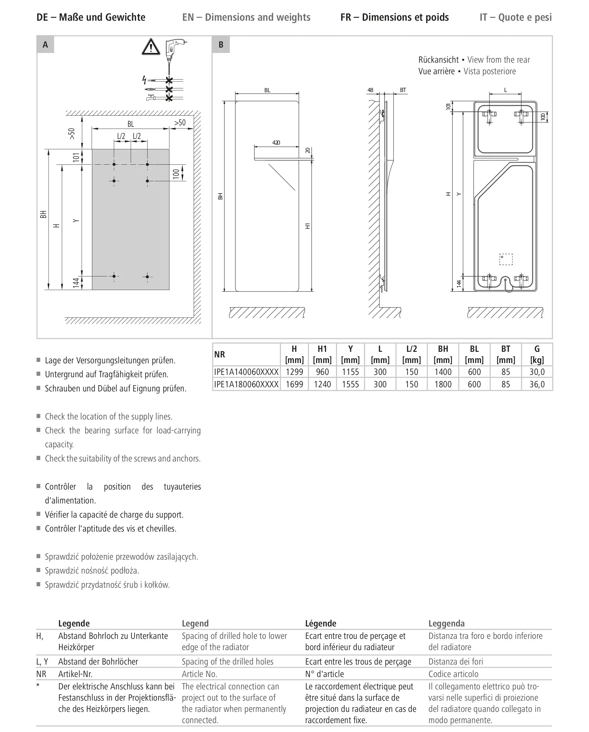 Technische Zeichnung eines Kermi Bad- und Wohnheizkörpers Ineo-E mit Maßangaben und Details zu Montage und elektrischem Anschluss.