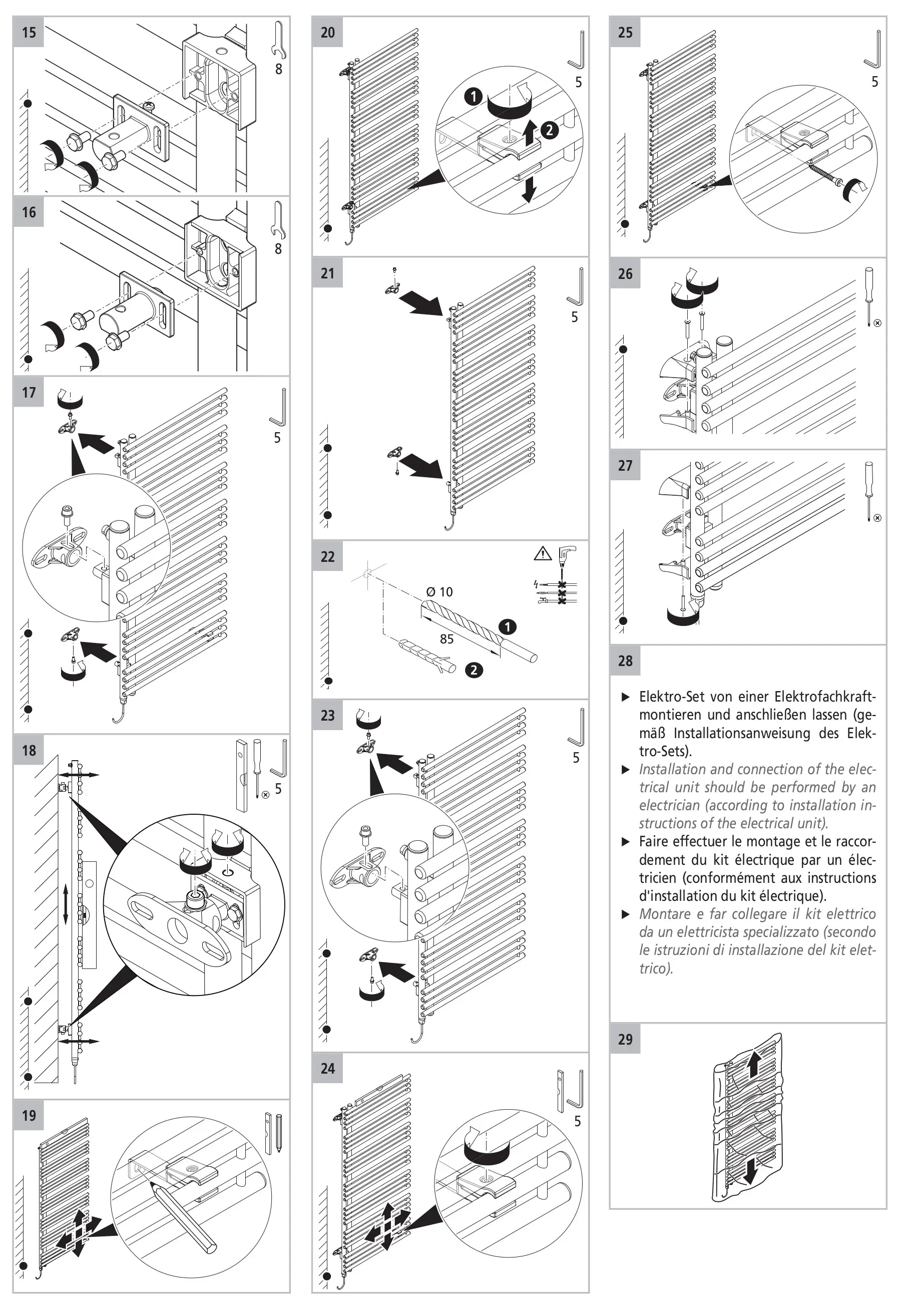 Eine detaillierte Montageanleitung für einen Kermi Bad- und Wohnheizkörper Diveo-E, die schrittweise Installationsprozesse veranschaulicht.