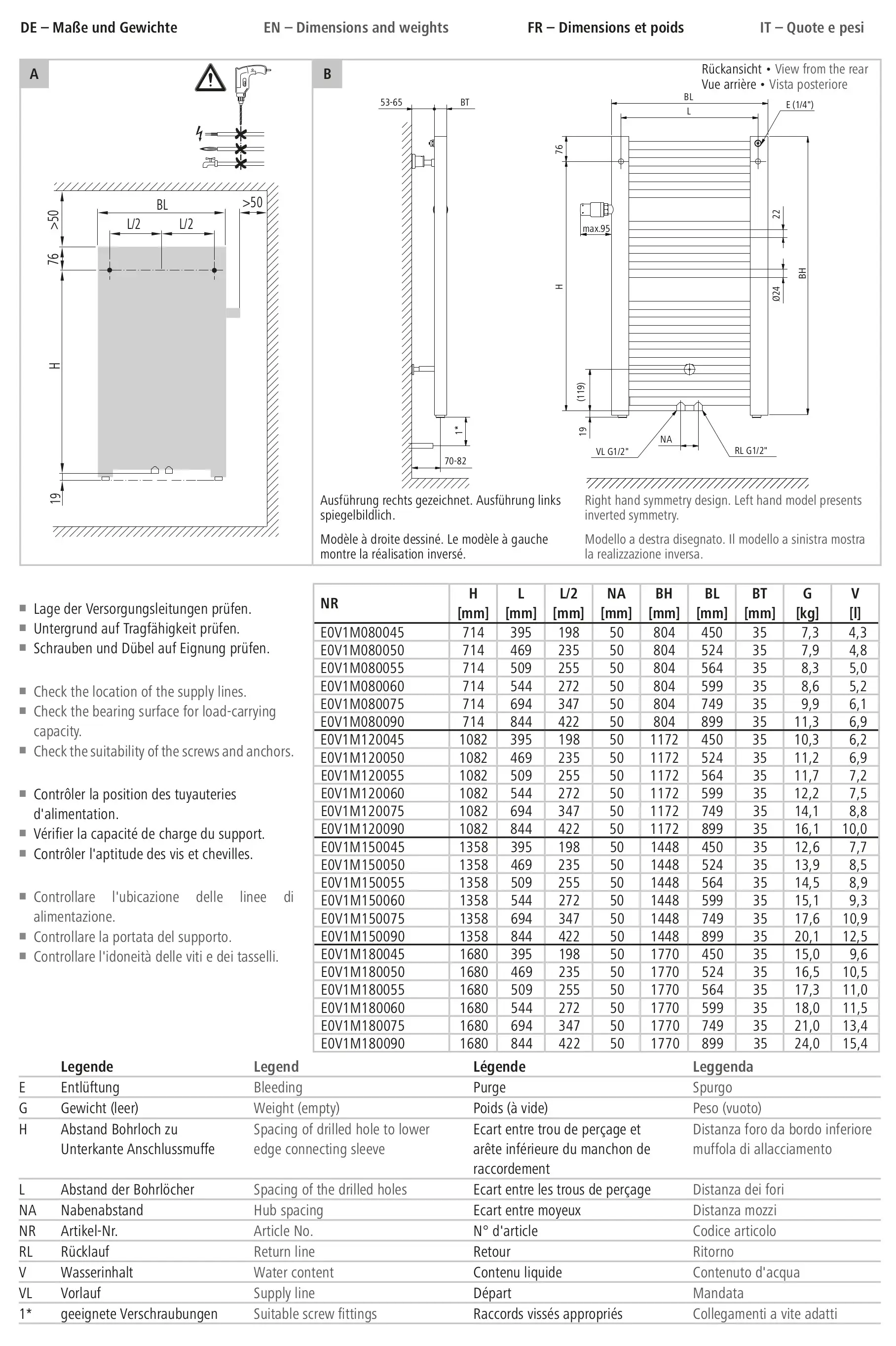 Technische Zeichnung eines Kermi Badheizkörpers Basic Plus, Maße, Gewichte und Details zur Installation.