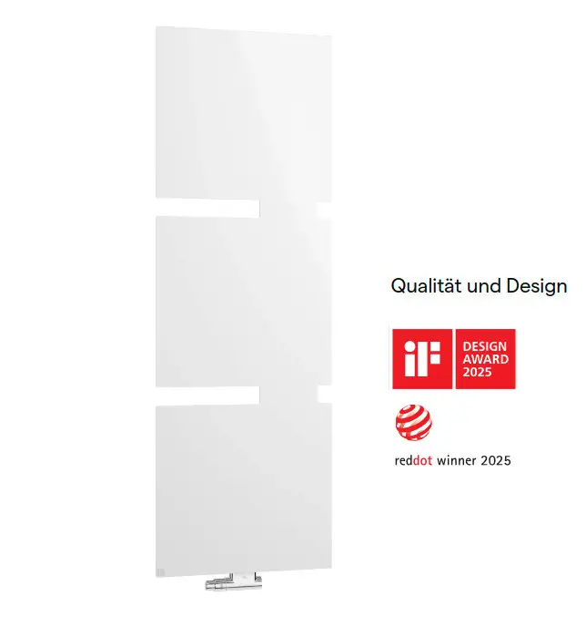 Kermi Bad- und Wohnheizkörper Tano-E, weiß, 1800x600x38 mm, rechts. Ausgezeichnet mit Design Awards 2025.
