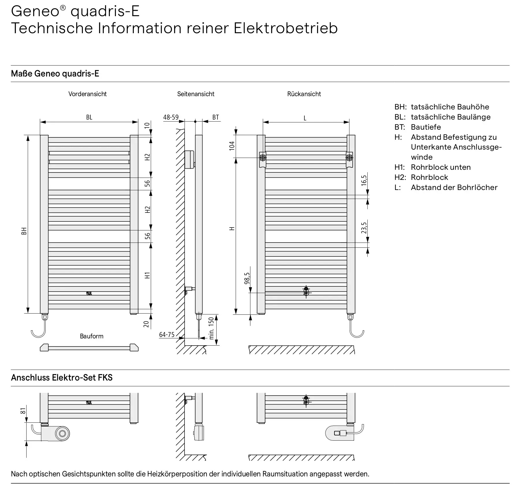 Technische Zeichnung eines Kermi Geneo quadris-E Heizkörpers mit Maßangaben.