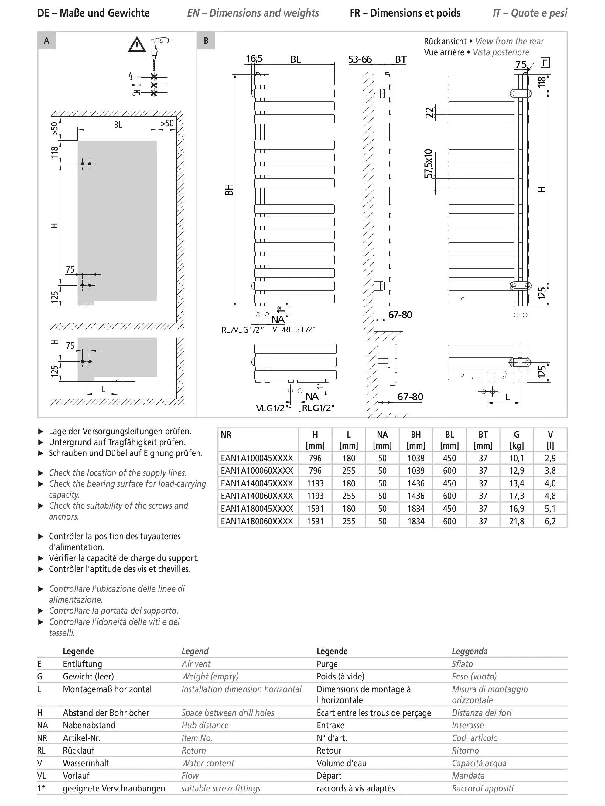 Technische Zeichnung eines Kermi Credo Half Badheizkörpers in Weiß mit Maßen und Anschlussdetails.