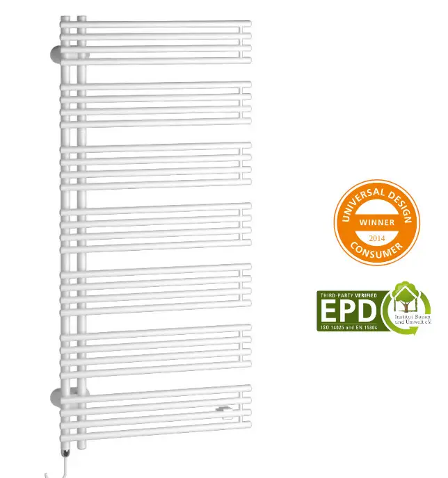 Ein weißer Handtuchwärmer mit horizontalen Sprossen und seitlichen Befestigungen. Auszeichnungen "Universal Design Consumer Winner 2014" und "EPD".