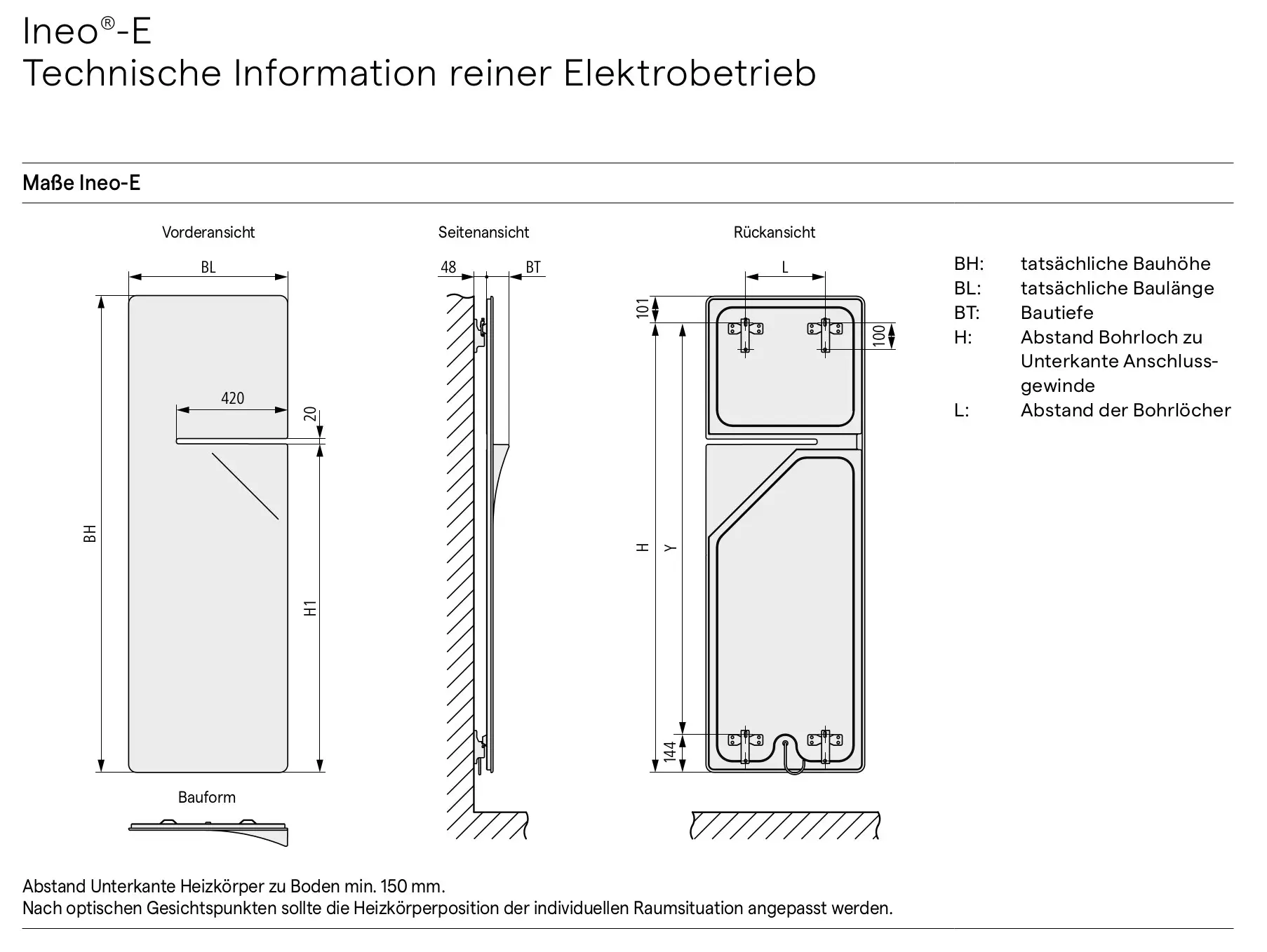 Technische Zeichnung Kermi Ineo-E Heizkörper: Vorder-, Seiten-, Rückansicht mit Maßangaben (BH, BL, BT, H, L).