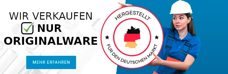 Frau mit Bauhelm zeigt ein Symbol für Produkte, die in Deutschland hergestellt wurden, umgeben von technischen Elementen. Linke Seite mit grüner Checkmark und blauem Textfeld.