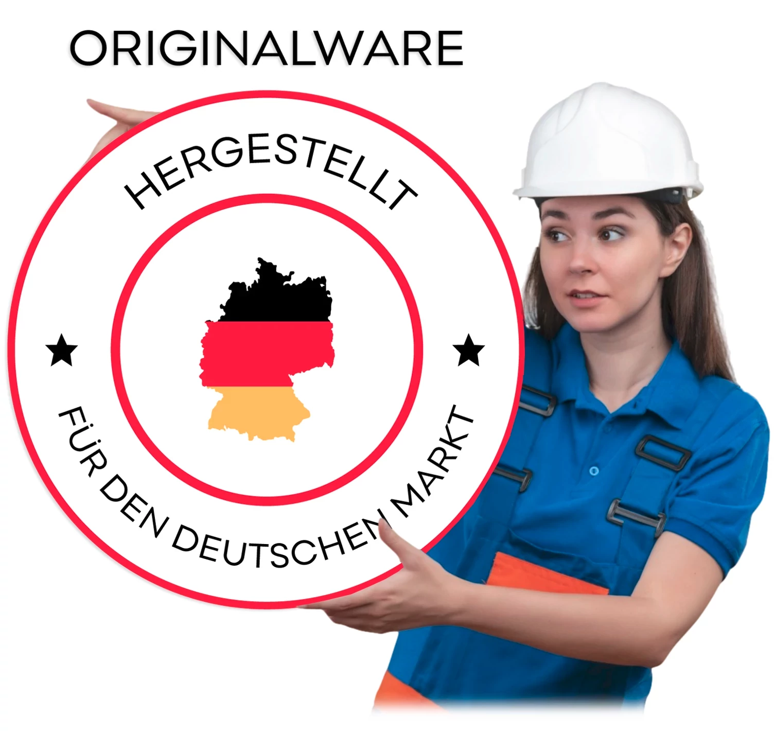 Frau in blauer Arbeitskleidung und Bauhelm hält ein rundes Emblem, das die Farben der deutschen Flagge zeigt, mit dem Text "Hergestellt für den deutschen Markt".