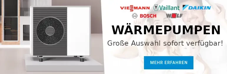Wärmepumpen-Anzeige mit verschiedenen Markenlogos und einem Bild einer Familie. Aufforderung zur Erkundung einer großen Auswahl von Produkten.
