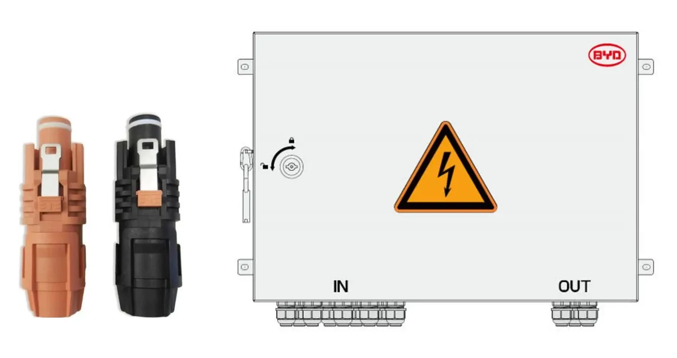 BYD Zubehör — Lieferumfang mit zwei DC-Steckverbindern (Plus/Minus) und Anschlussbox mit IN/OUT-Kabeleinführungen sowie Warnhinweis Hochspannung
