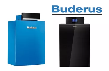 Logo von Buderus in blauer Schrift mit einem schwarzen Strich darunter.