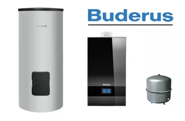 Logo von Buderus in blauer Schrift mit einem schwarzen Strich darunter.