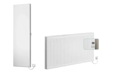 Flachheizkörper in Weiß mit vertikalen Rillen, ausgestattet mit einem digitalen Thermostat und einem Stromkabel an der Seite.